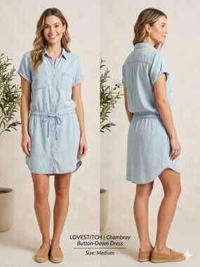 Lovestitch Button Down Tencel Denim Dress Blue Boho Short Sleeve Size Medium